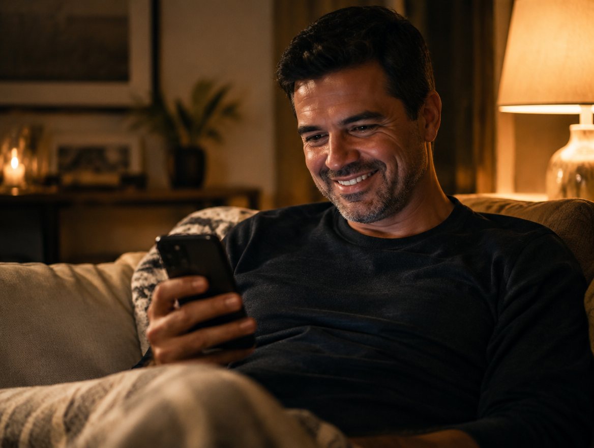 Homem sorrindo no sofá enquanto olha o celular