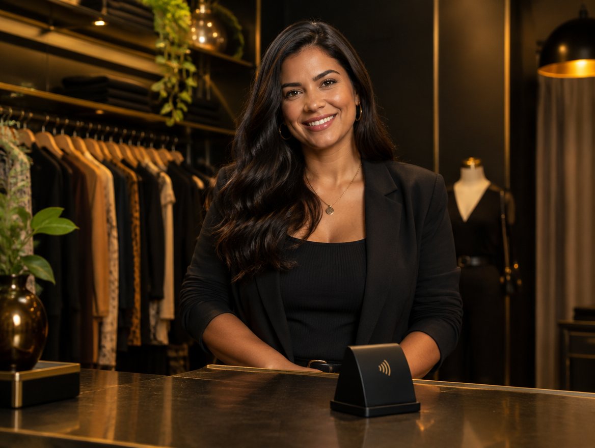 Lojista sorridente atrás do balcão de uma boutique, com o display NFC sobre o balcão